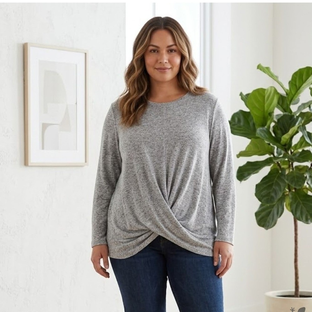 Lane Bryant Top Womens 18 20 Grey Twist‎ Front Long Sleeve Heathered Knit Scoop